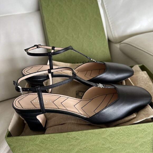 NEW Gucci WOMEN'S PETITE GG SLINGBACK PUMPS HEELS Sz 38.5 Black Strap - Picture 9 of 11